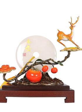 全铜招财鹿柿子摆件平安扣天然玉石玄关摆设乔迁送客户工厂
