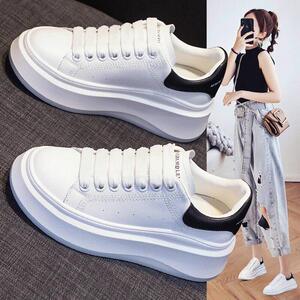 香港真皮松糕厚底小白鞋女2025新款爆款秋季百搭增高运动休闲 板