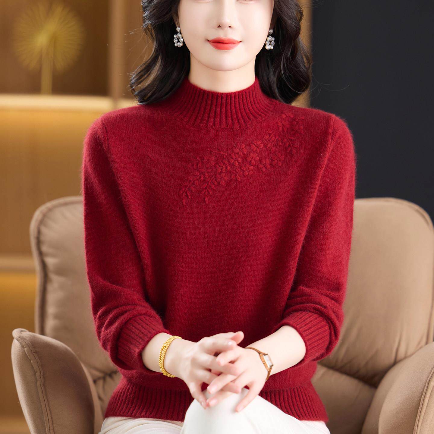 高端纯羊绒衫女半高领妈妈装双股加厚针织毛衣中老年红色套头毛衫