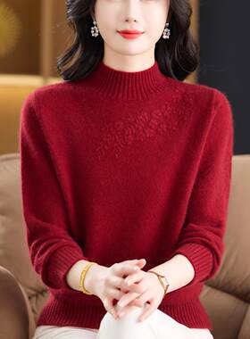 高端纯羊绒衫女半高领妈妈装双股加厚针织毛衣中老年红色套头毛衫