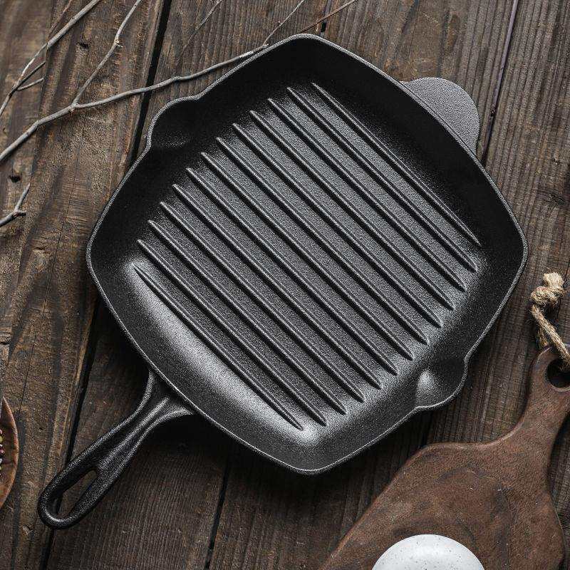 加厚铸铁牛排锅家用条纹牛扒煎锅平底锅无涂层不粘锅煎牛排专王金