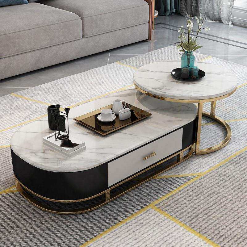 轻奢岩板大理石圆形茶几电视柜组合简约小户型客厅家用小茶台组装