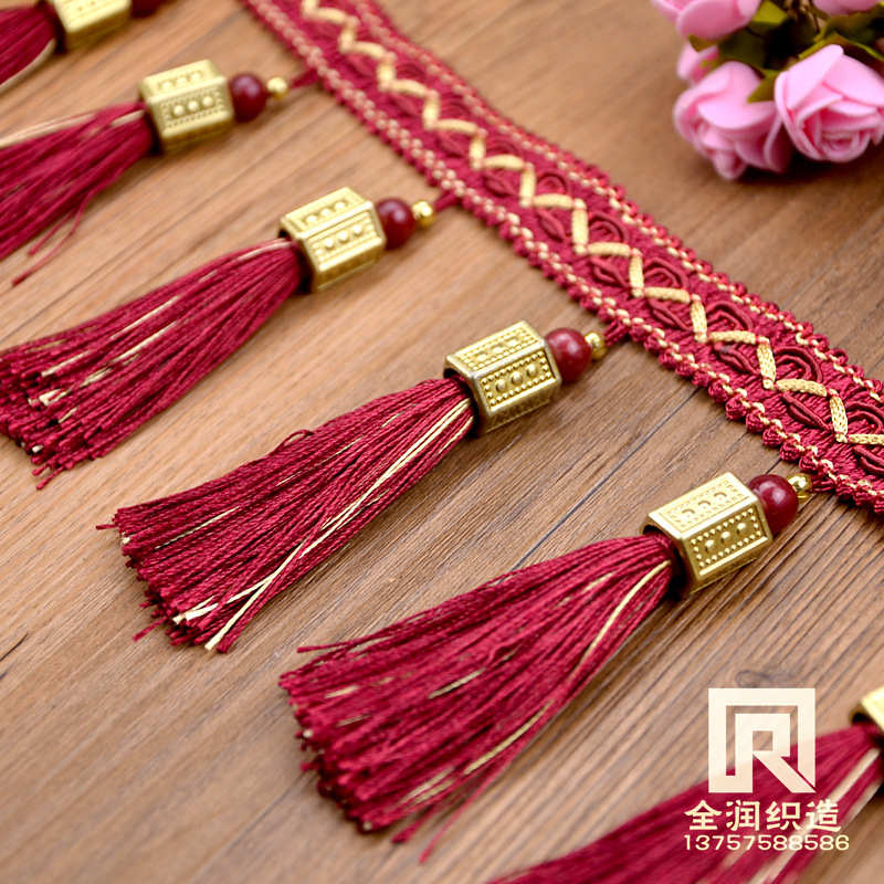 柯桥 厂家货源窗帘花边   六角珠子金帽吊穗边流苏花边