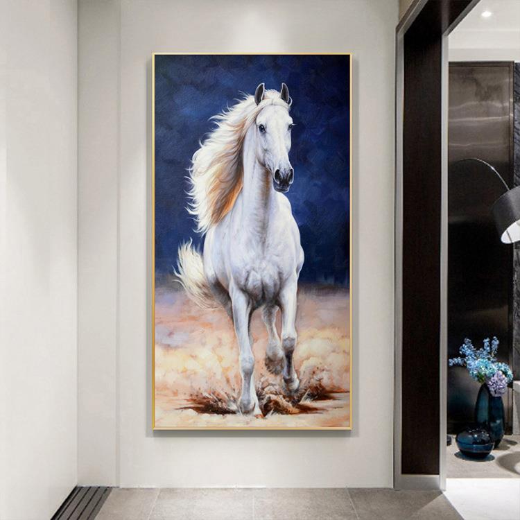 白马玄关走廊装饰画马到成功办公室挂画油画现代简约中式客厅壁画