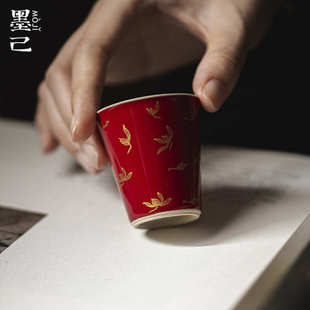 墨己郎红烫金秋水兰花陶瓷品茗杯功夫茶具家用红色喜庆喝茶单杯