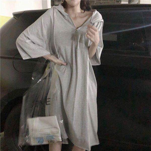 2026新款韩版宽松长款过膝原宿BF风学生连帽长袖T恤裙子女上衣潮