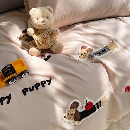 通卡腊肠狗毛全棉加厚磨刺绣床上四件套纯棉被xuanpin套宿床单人