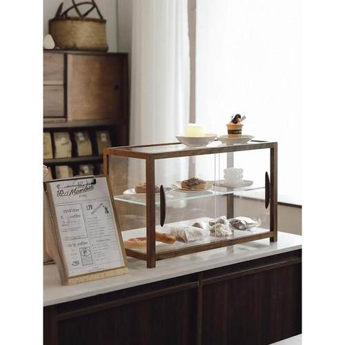 小型面包柜展示柜咖啡店甜品陈列架实木胡桃木玻璃手办收纳柜商用