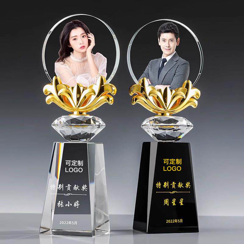 彩印人像水晶奖杯定制照片创意年会颁奖优秀员工新人销冠实木奖牌