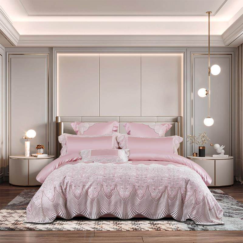 高档边欧式160支真丝棉件套公主风高档棉蕾丝花全丝绸被套床四上