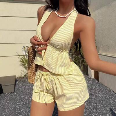 2 Counts Women Yellow Striped Halter Two Piece Outfit Set