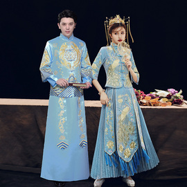 浅蓝色情侣秀禾服春夏短袖，中式结婚礼服，男女套装天蓝色新郎接亲服
