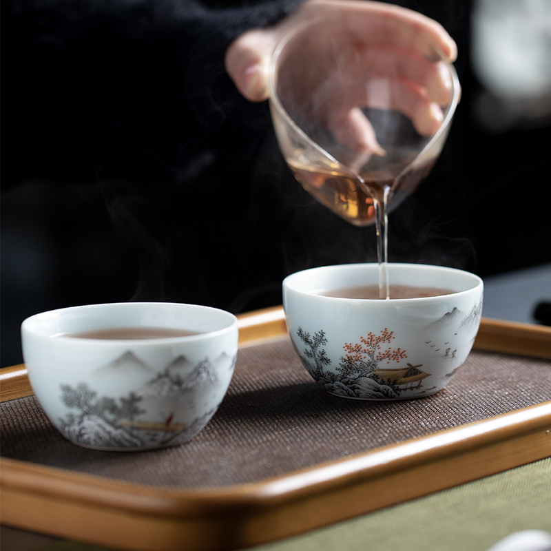 墨彩雪景主人杯 景德镇陶瓷手绘粉彩功夫茶具茶杯单杯单个 小茶碗