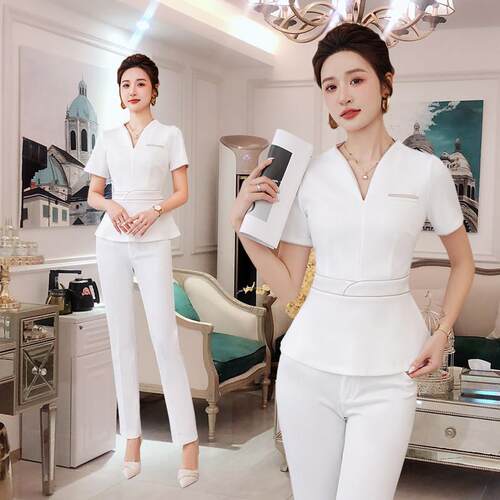 夏季新款美容师工作服女高端养生馆足浴技师工装气质短袖套装薄款