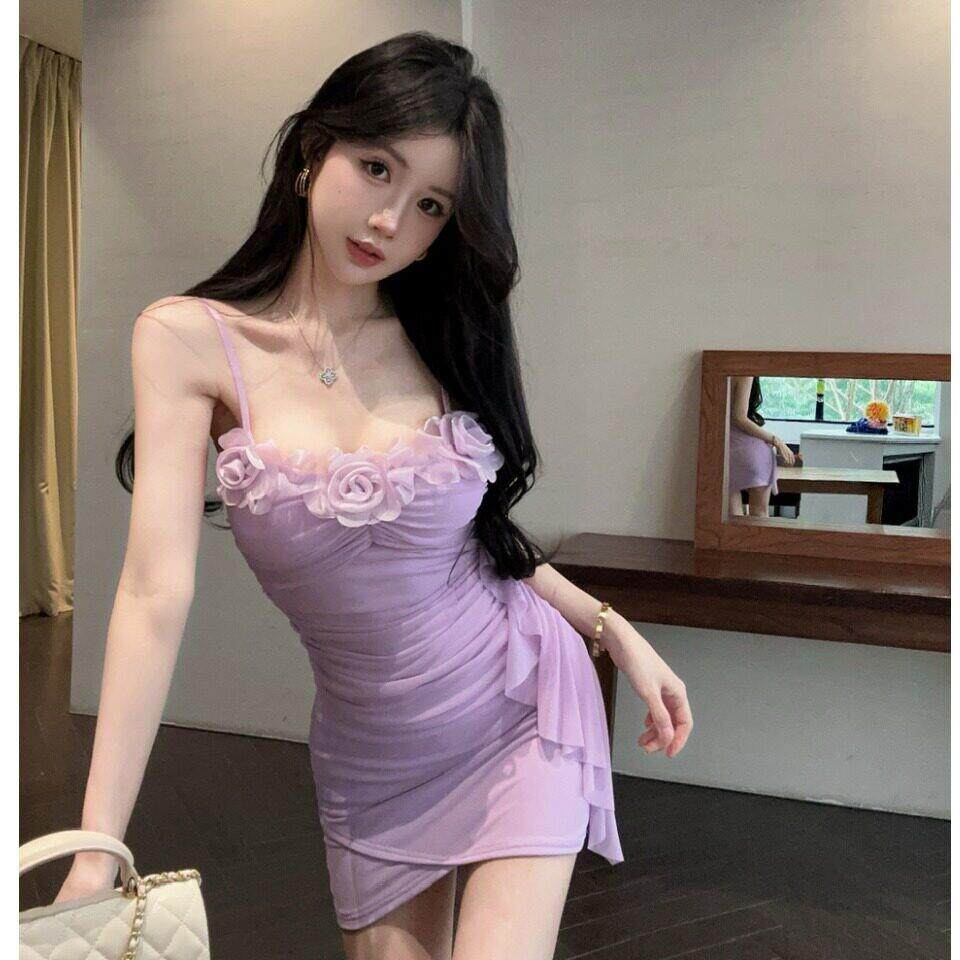 纯欲网纱吊带连衣裙女夏季修身收腰裙子花朵紧身辣妹性感包臀短裙
