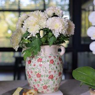 釉陶瓷客厅花瓶新年红花冰复古陶器裂纹做旧高级感花瓶花双耳摆件
