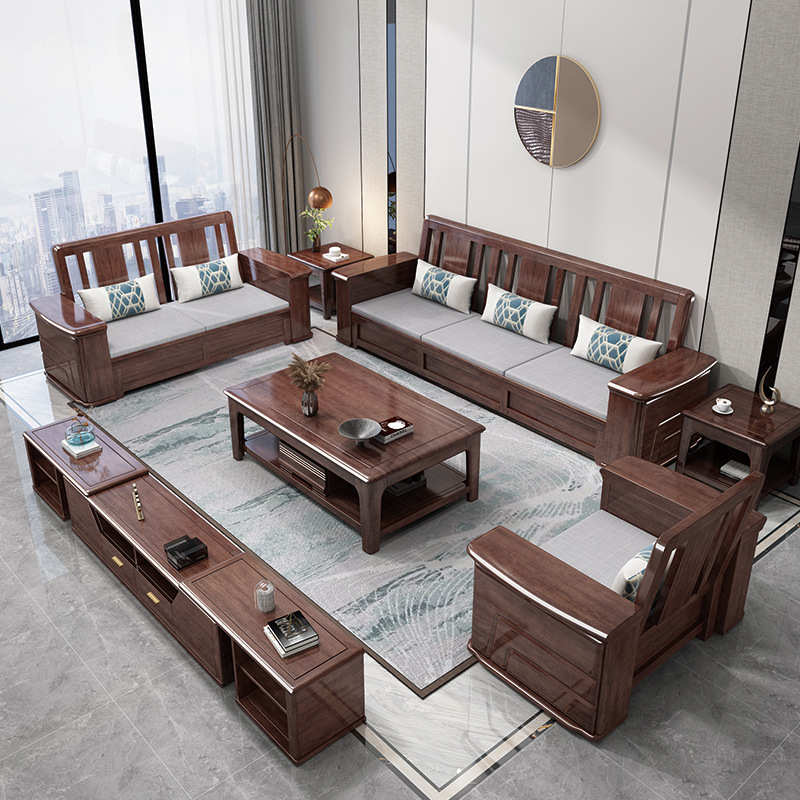 实木沙发 胡桃木沙发组合冬夏两用木质转角小户型实木储物木沙发