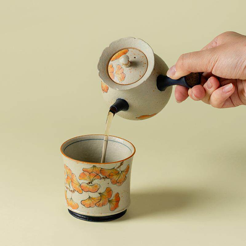 青花火石红泡茶壶纯手绘杏叶陶瓷侧把壶家用防烫冲茶器带过滤中式
