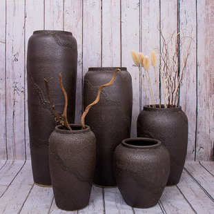 复古陶瓷落地大花瓶玄关插花摆件中式水培花器景德镇陶罐五件套