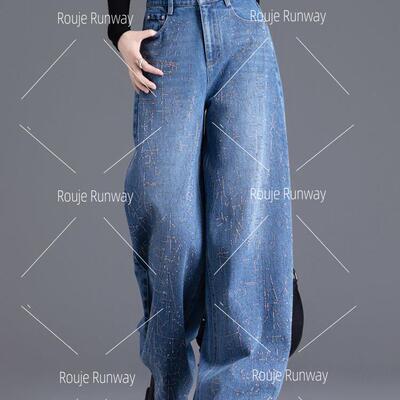 法式Rouje Runway满天星烫钻阔腿牛仔裤女春秋季高腰宽松直筒裤子
