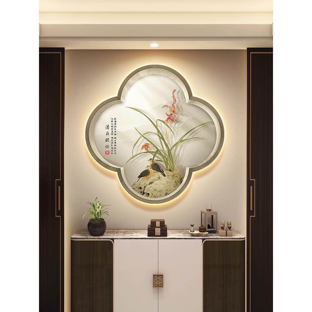 兰鸟图入口大厅装饰画新中国风梅兰竹菊茶室挂画假窗走廊壁灯
