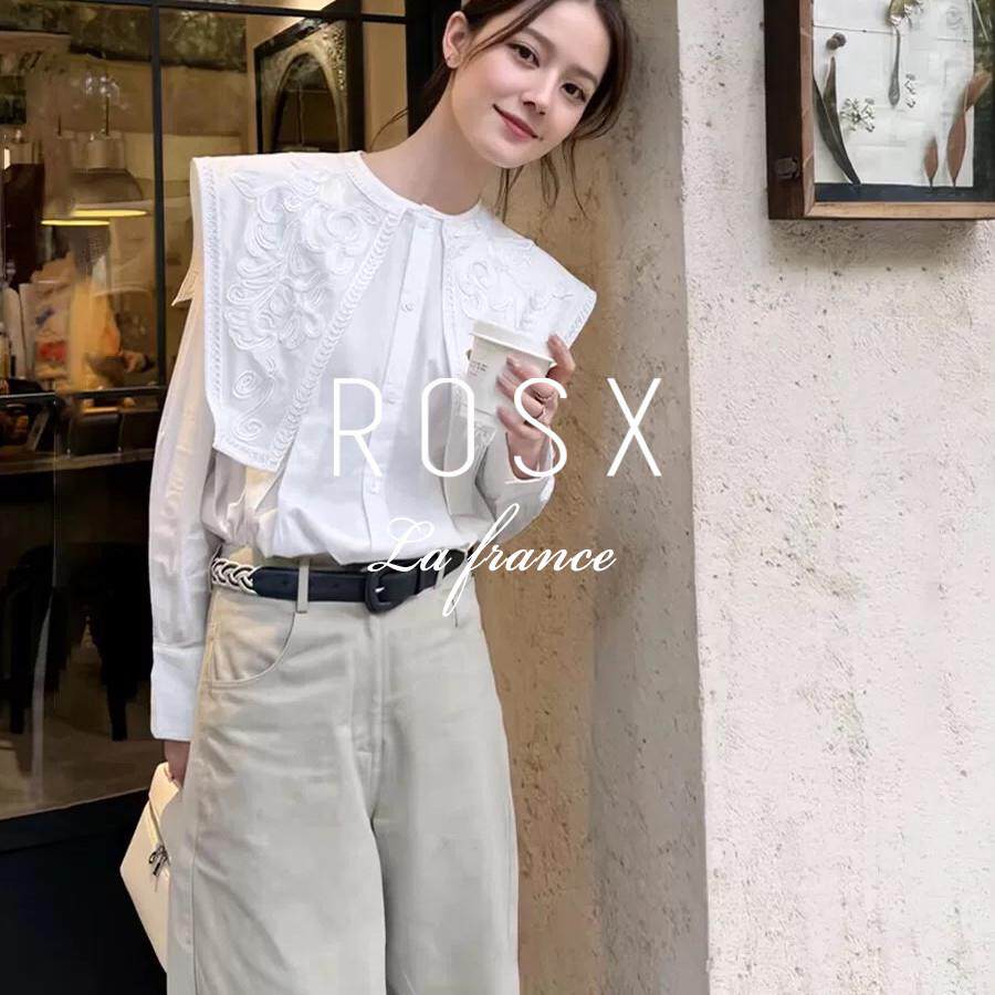 ROSX法式重工刺绣大翻领白色衬衫女春季新款气质名媛镂空长袖上衣