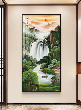 国画旭日东升山水画中式迎客松挂画玄关过道壁画客厅装饰画流水画