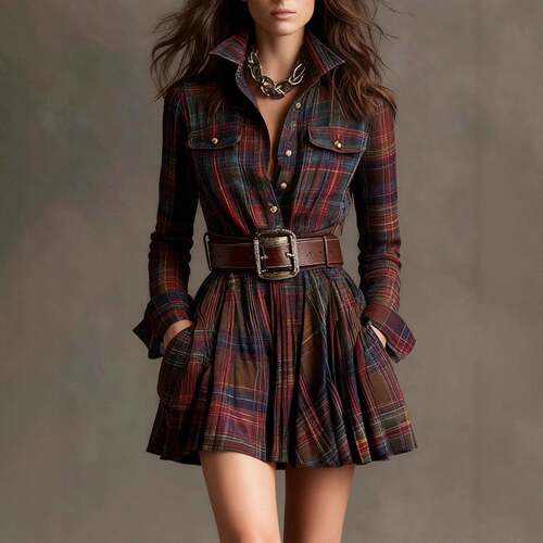 Plaid shirt dress with waist cinching pocket dress