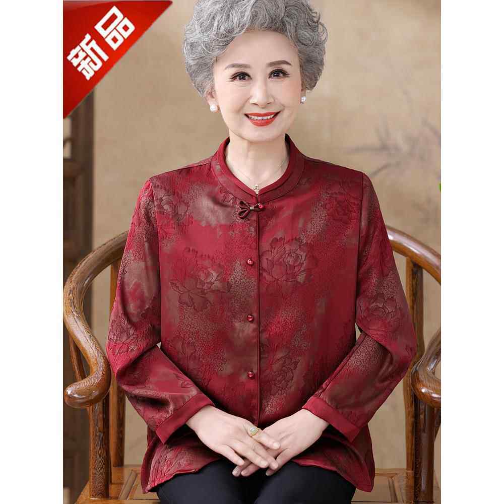 高贵奶奶秋装新款长袖真丝衬衫覆古老年人妈妈桑蚕丝大码女装上衣