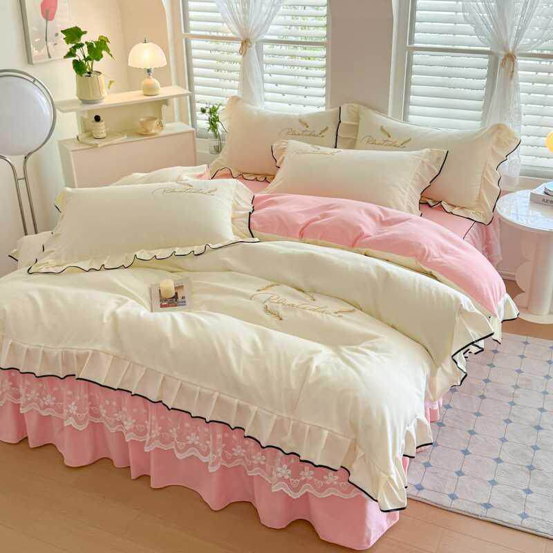 小清新简约超柔2025新款水洗磨毛系列四件套床裙款双拼色床上用品