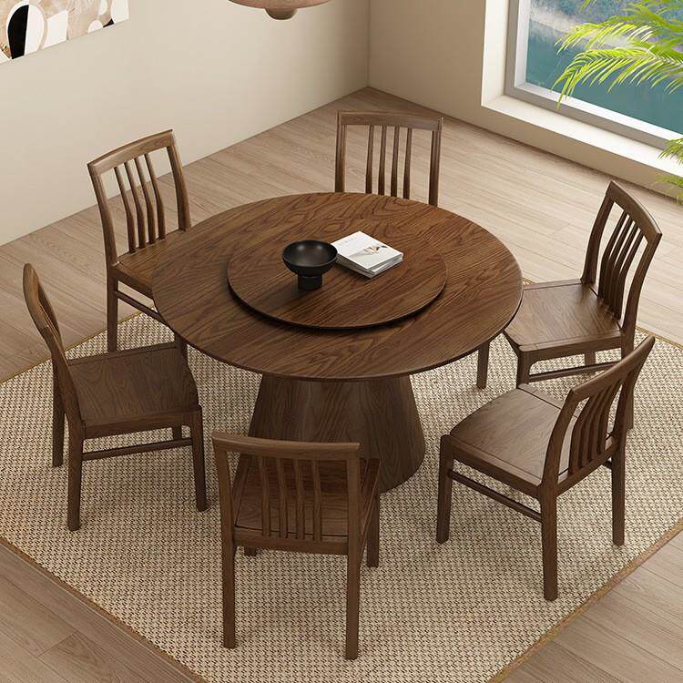 全实木餐桌椅组合小户型家用圆形饭桌新中式白蜡木带转盘吃饭桌子