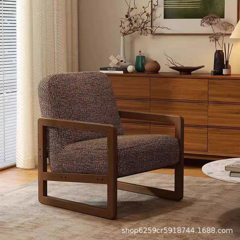 亚马逊沙发椅家用客厅卧室单人复古实木休闲椅百搭实用咖啡椅