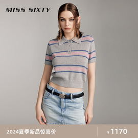 Miss Sixty2024夏季针织衫女polo领短袖短款拼色休闲上衣