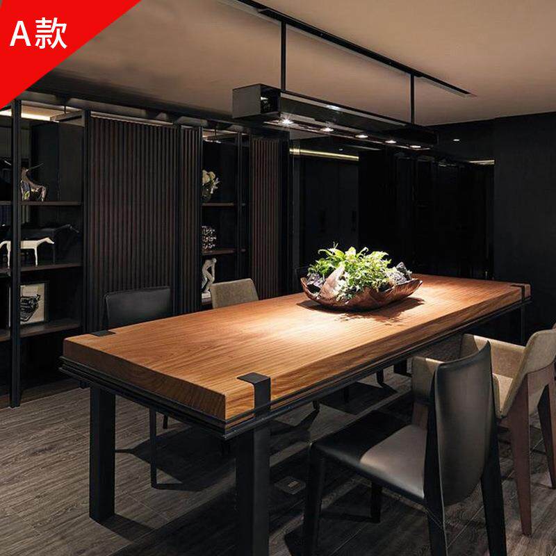 简长美式loft实木办公会议桌桌复古工业风1方形现代约铁艺餐桌创