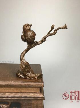 红皮色合金喜鹊枝头小摆件 金属树枝小鸟造型枝头鸟桌面小摆件