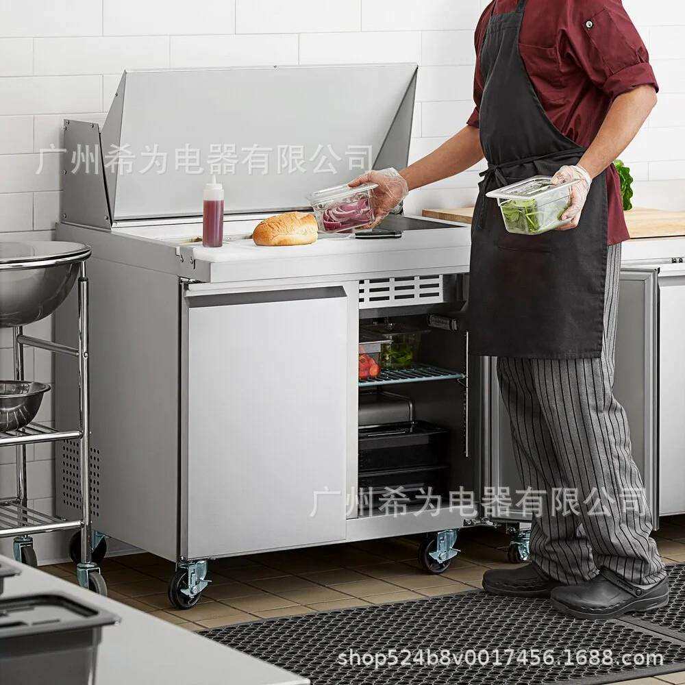 美款沙拉台披萨卧式冰箱披萨挖孔撒料台双门底置后机组110V60HZ