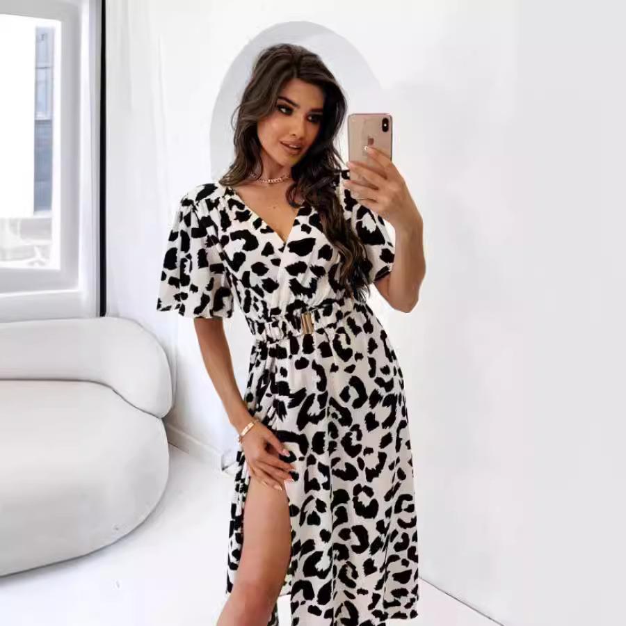 Women's Skirt Leopard Print V-Neck Long Sleeve Belt Dress