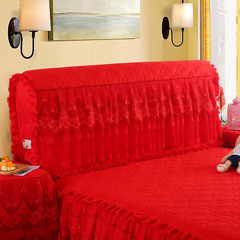 婚庆大红全包床头罩夹棉加厚防尘罩蕾丝公主风软床头套保批发