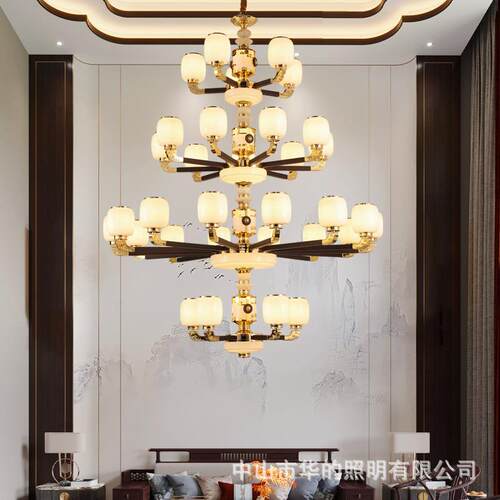 新中式别墅复式楼客厅吊灯中国风卧室书房灯家用全铜实木餐厅灯具