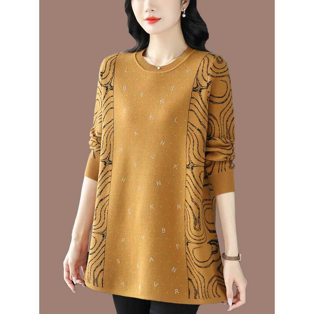 加肥加大码羊毛衫毛衣女中长款宽松显瘦遮肚胖妈妈圆领针织打底衫