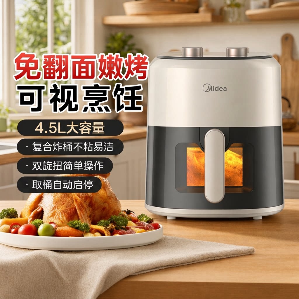 美的空气炸锅家用免翻面嫩烤可视4.5L大容量不粘电炸锅官方正品