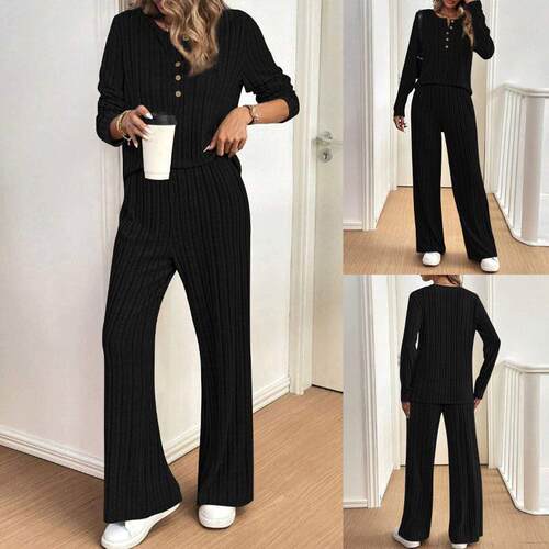 Pit stripe brushed two-piece knitted top and pants set