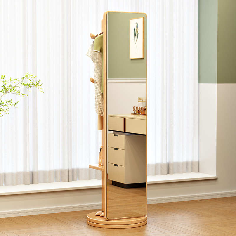 【免打孔安装】实木全身穿衣镜衣帽架一体落地家用镜可旋转收纳储