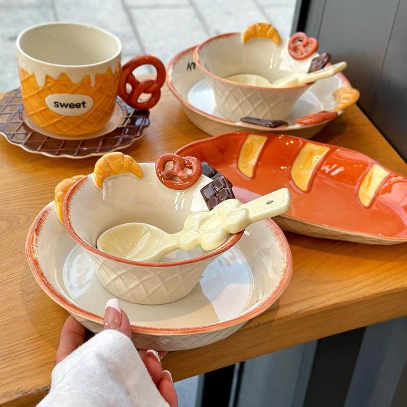 浮雕面包曲奇饼干巧克力碗盘餐具家用釉下彩高颜值饭碗甜品沙拉盘