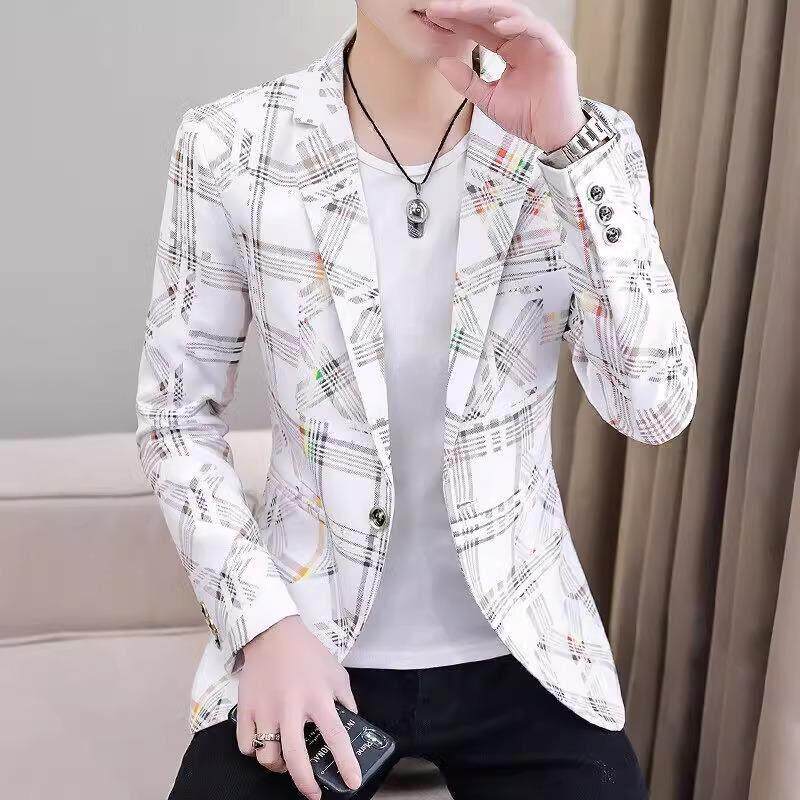 春秋季薄款商务休闲西服男士新款修身韩版百搭高级感格纹西装外套