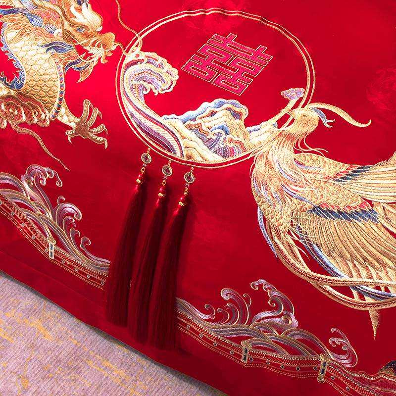高端100s贡缎暗纹喜字提花长绒棉婚庆四件套醉美婚嫁床盖多件床4