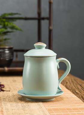 汝窑茶杯开片个人杯子办公室茶具带盖陶瓷四件套过滤开片主人单杯