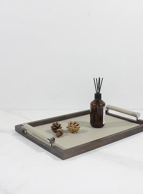 现代轻奢高端皮革香薰蜡烛实木托盘样板间售楼处客厅茶几桌面摆件