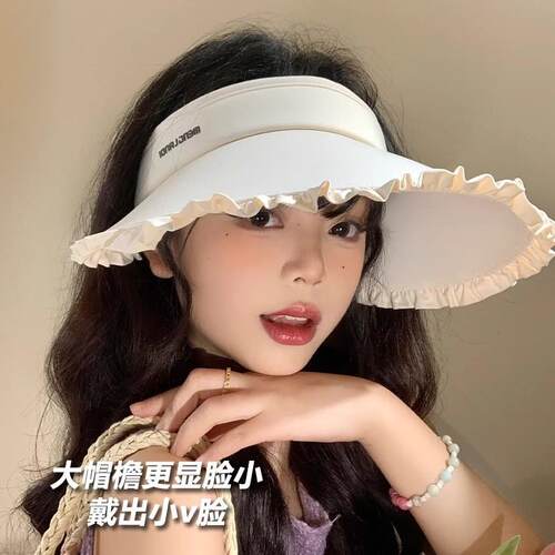 新款日系甜美花边冰丝空顶防晒帽大帽簷抗UV遮阳帽遮阳帽LX