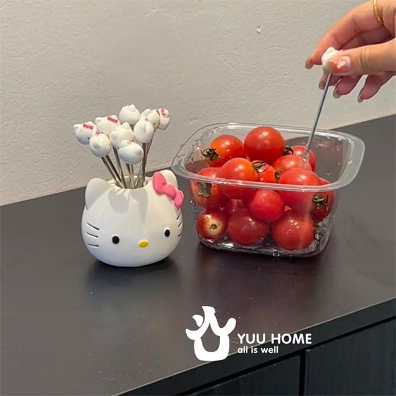 哈喽kitty水果叉子304不锈钢收纳罐轻奢高级感水果签可爱甜品叉